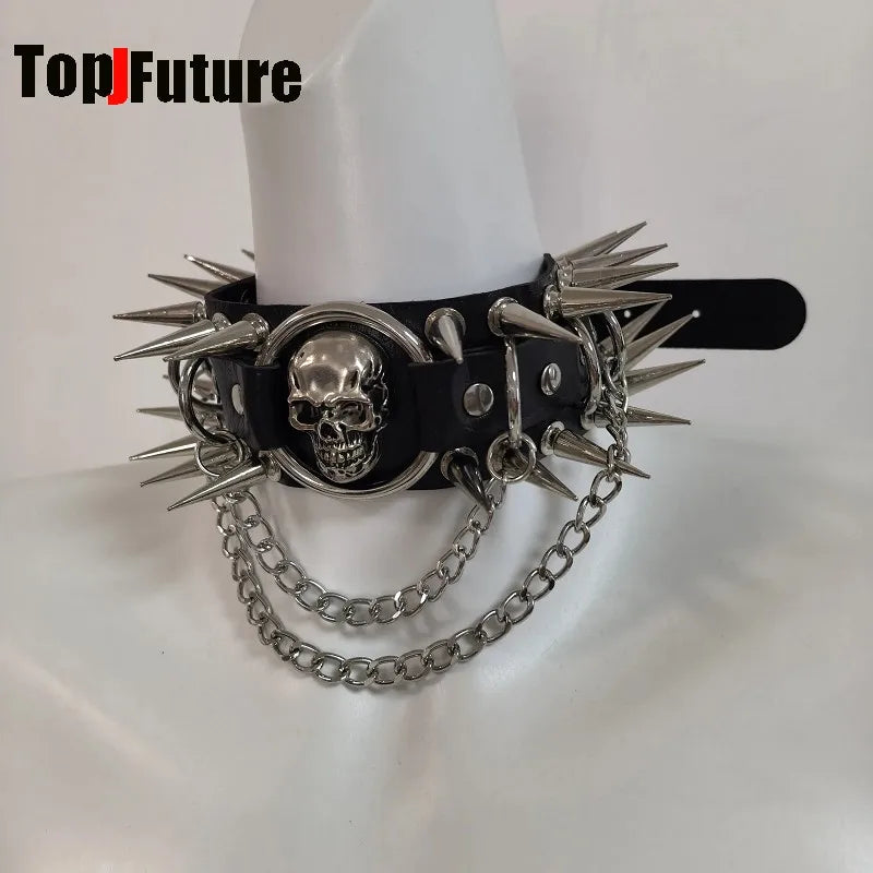 Y2K Gothic Punk Dark Rock Style Subculture PU Leather Skull Inlay Rivet Spikes Decor Metal Chain Necklace Alternative Choker
