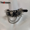 Y2K Gothic Punk Dark Rock Style Subculture PU Leather Skull Inlay Rivet Spikes Decor Metal Chain Necklace Alternative Choker