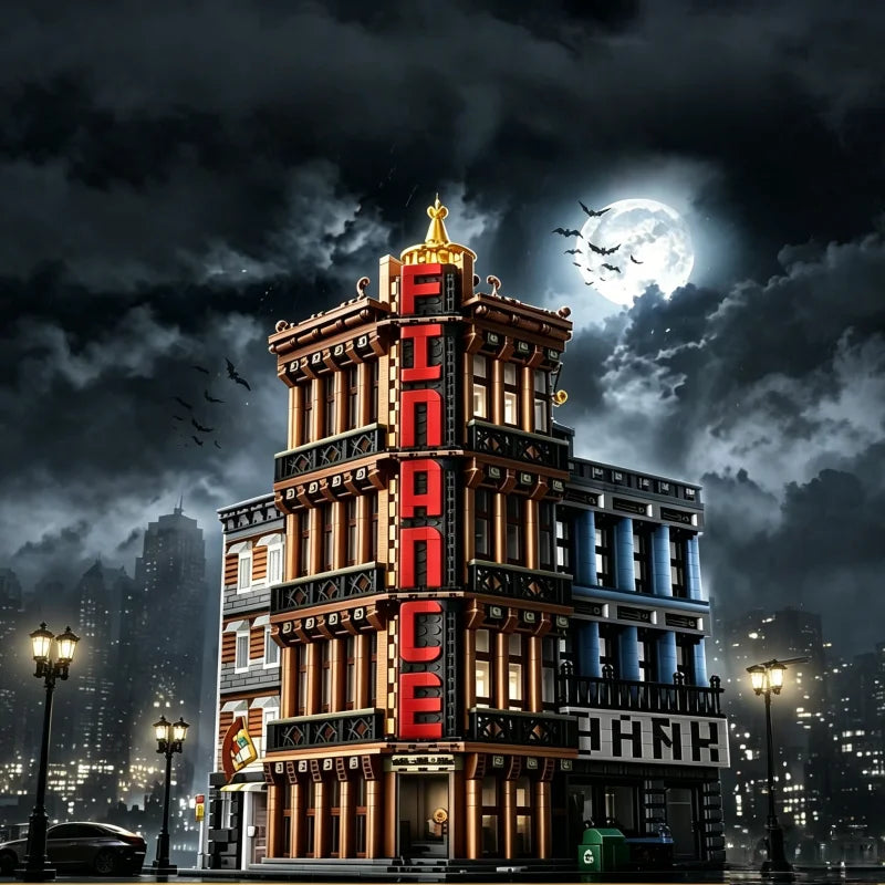 Adult modular building block set with 3,763 pieces, featuring a corner financial center street scene model, including bank and s