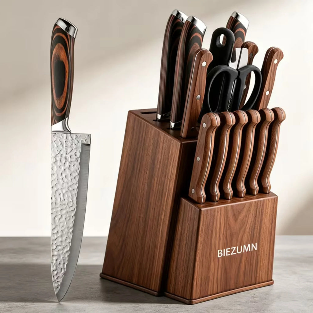 Professional 15PCS Forged Hammer Finish Kitchen Knife Set Pakka Wooden Handle Kitchen Cutlery Set with Knife Block Scissors Sharpener Complete Household Cooking Knives