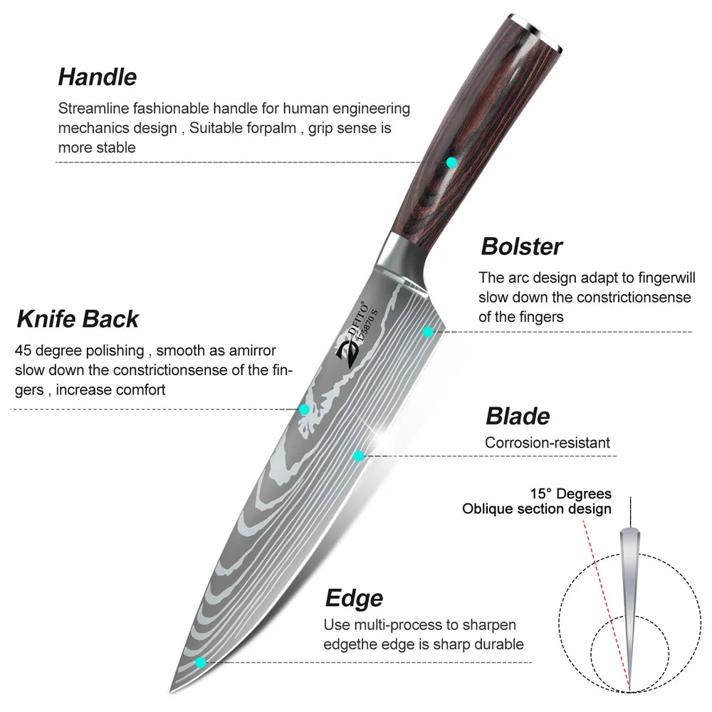MDHAND 8PCS Damascus Stainless Steel Kitchen Knife Set Super Sharp Japanese Style Chef Santoku Cleaver Slicing Boning Utility Paring Knives Complete Cooking Cutlery Kit with Portable Protective Nylon Carry Bag for Home Kitchen Chef Use