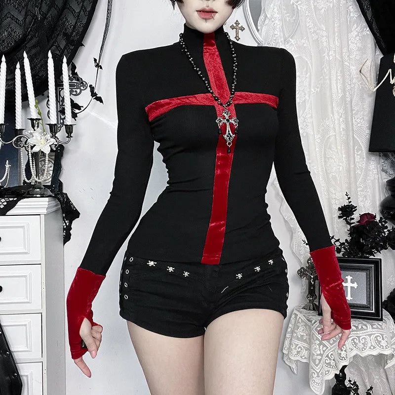 Goth Dark Flocking Punk Long Sleeve Cross T-shirts Mall Gothic Slim Tops for Women Casual Top Tees Y2K Alt Clothes Halloween