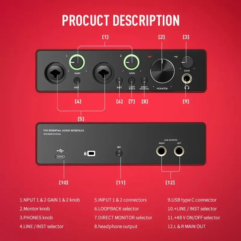 Studio Sound Card Professional Recording Sound Card Dubbing Equipment Professional External USB Audio Interface Sound Card Kit