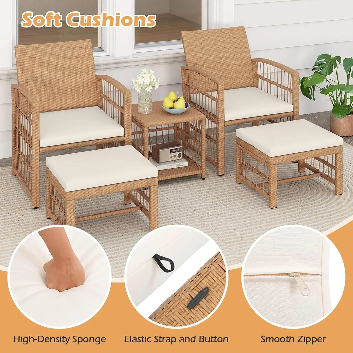 5 Pieces Patio Wicker Conversation Set, Outdoor Furniture Set with 2 Armchairs, 2 Ottomans & 2-Tier Side Table,, Customized