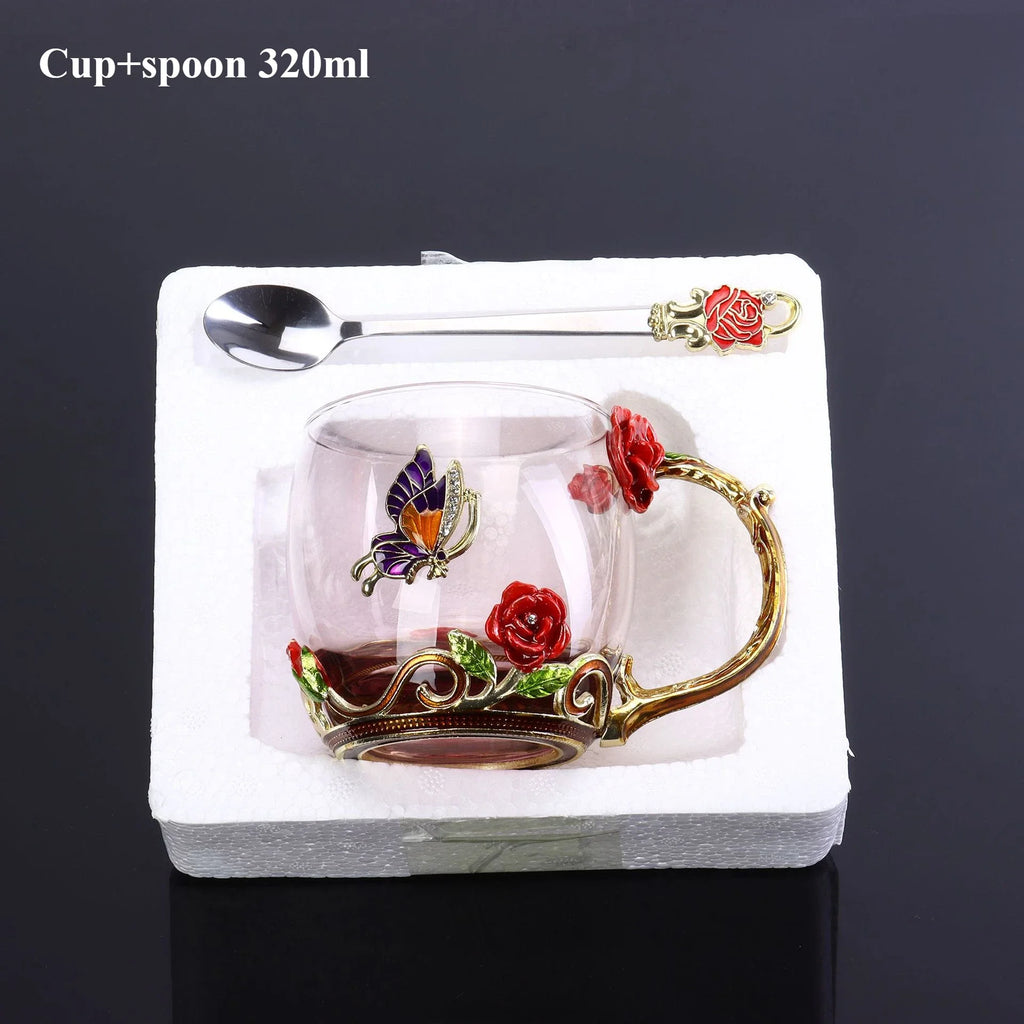 European Retro Handmade Enamel Tea Cup Crystal Cup Milk Lemon Flower Tea Cup High-end Wine Cup Set Gift Cup