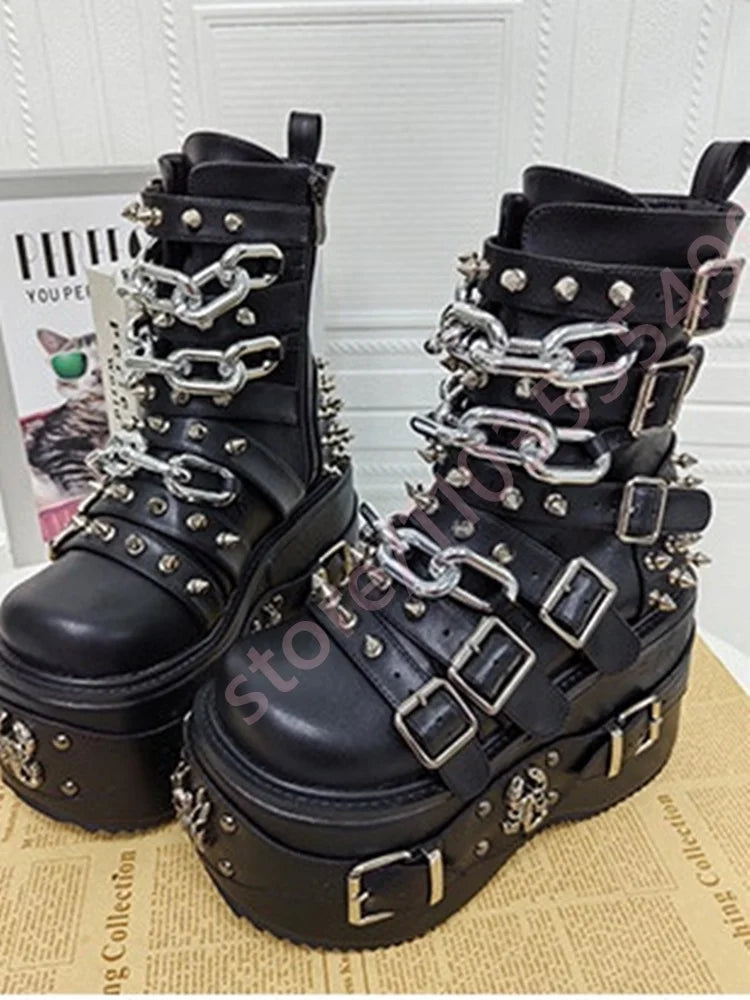 Women Leopard Platform Ankle Boots Spikes Chain Multi‑Buckle Spider Scorpion Metal Gothic Punk Y2K Street Fashion Wedge Boots