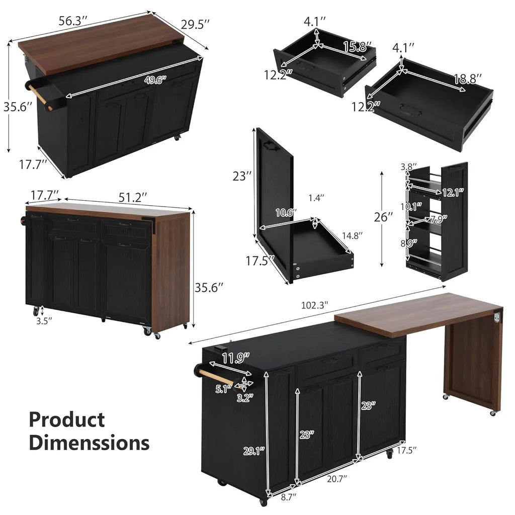 102.3'' Kitchen Island with Extendable Dining Table for 2-4, Rolling Kitchen Island with Trash Can Storage,, Customized