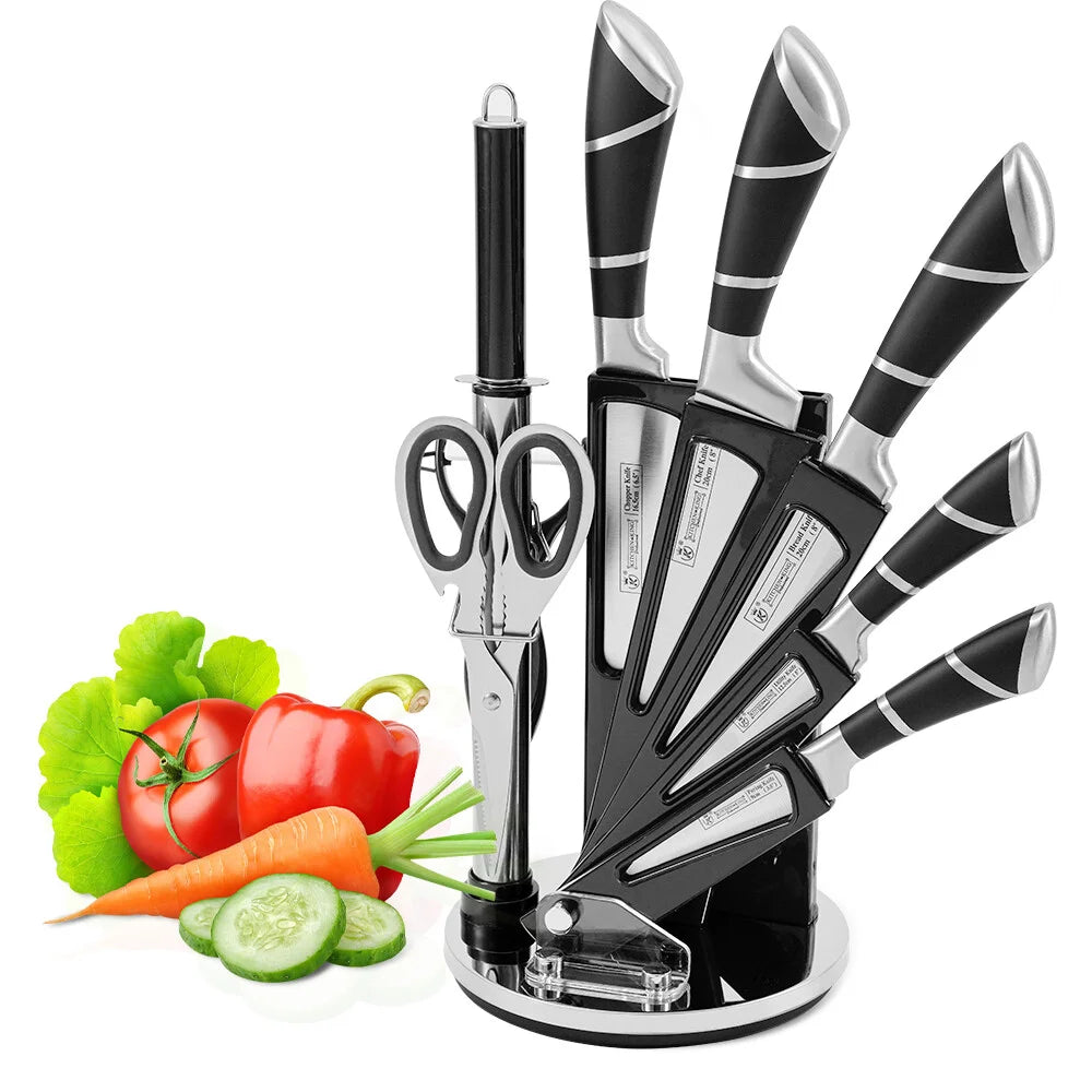 ZENG Stainless Steel Kitchen Knife Set Sharp Non-Stick Coated Chef Knives with Sharpener for Cutting Slicing Dicing Chopping