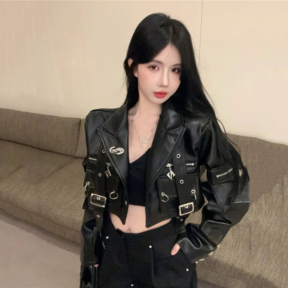 Spring Autumn New Leather Coat Pocket Texture Wash Skin Leather Jacket For Women Short PU Leather High Street Outerwear Female