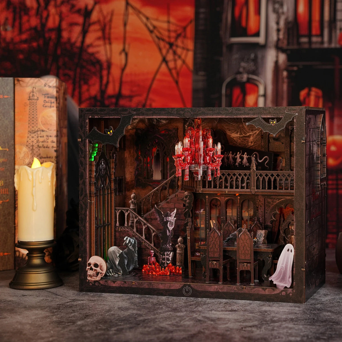 DIY Wooden Book Nook Shelf Insert Kit Halloween Dark House Bookend Miniature Model Kits Bookshelf with Light for Friends Gifts