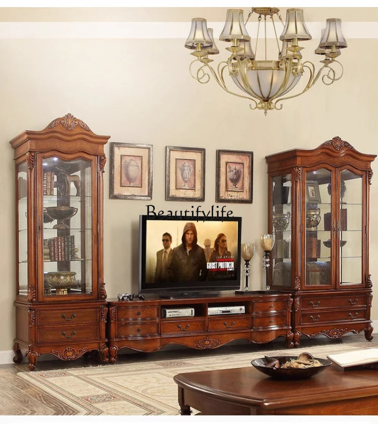 *American country solid wood, living room glass door European carved TV cabinet