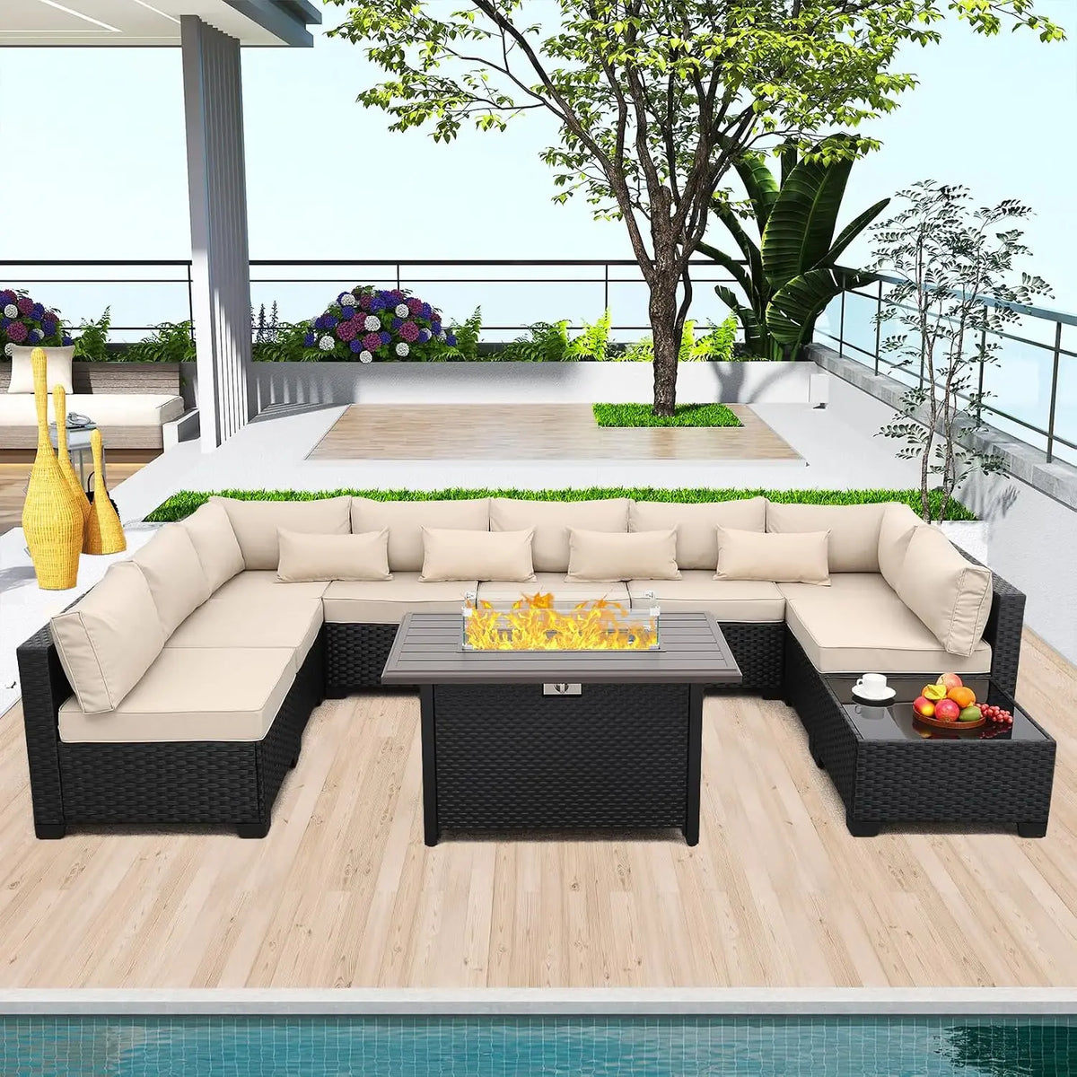 10 Pieces Outdoor Sectional All-Weather Wicker Patio Furniture Set Patio Sectional and Steel Fire Table and Glass, Customized