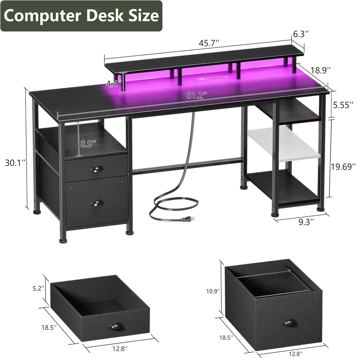 61' Gaming Desk with Outlets & LED, Large Computer Desk, Black | AC Outlets & USB, Ergonomic Monitor Stand, Drawer & File Cabine