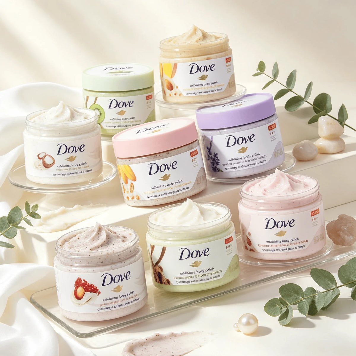DOVE Scrub Cleanses 2 PCS Set the Skin, Moisture, Exfoliates, Removes Dead Skin and Makes the Skin Smooth Long-Lasting Fragrance