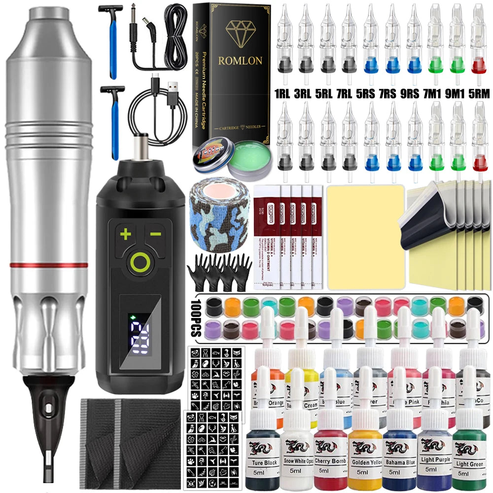Wireless Tattoo Machine Kit Rotary Tattoo Pen Machine Set with Wireless Power Supply Needles Inks for Tattoo Artist Beginner