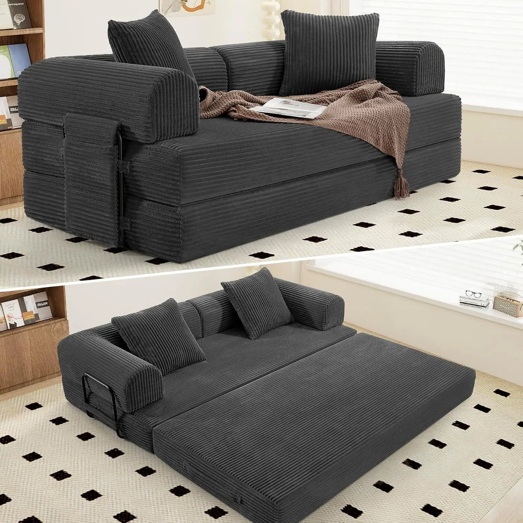 Convertible Coarser Corduroy Sleeper Sofa Bed with Cylindrical Pillow, Folding Mattress Couch with Fixed-Shape, Customized