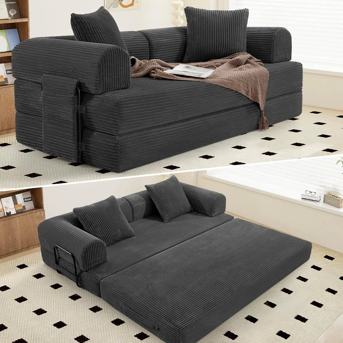 Convertible Coarser Corduroy Sleeper Sofa Bed with Cylindrical Pillow, Folding Mattress Couch with Fixed-Shape, Customized