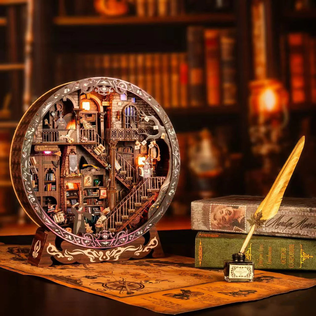DIY Wooden Magic Library Casa Figurines Miniatures Assembled Villa with Light for Friends Birthday Gifts Home Decor Crafts