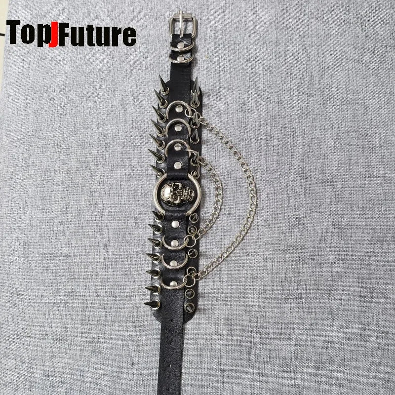 Y2K Gothic Punk Dark Rock Style Subculture PU Leather Skull Inlay Rivet Spikes Decor Metal Chain Necklace Alternative Choker