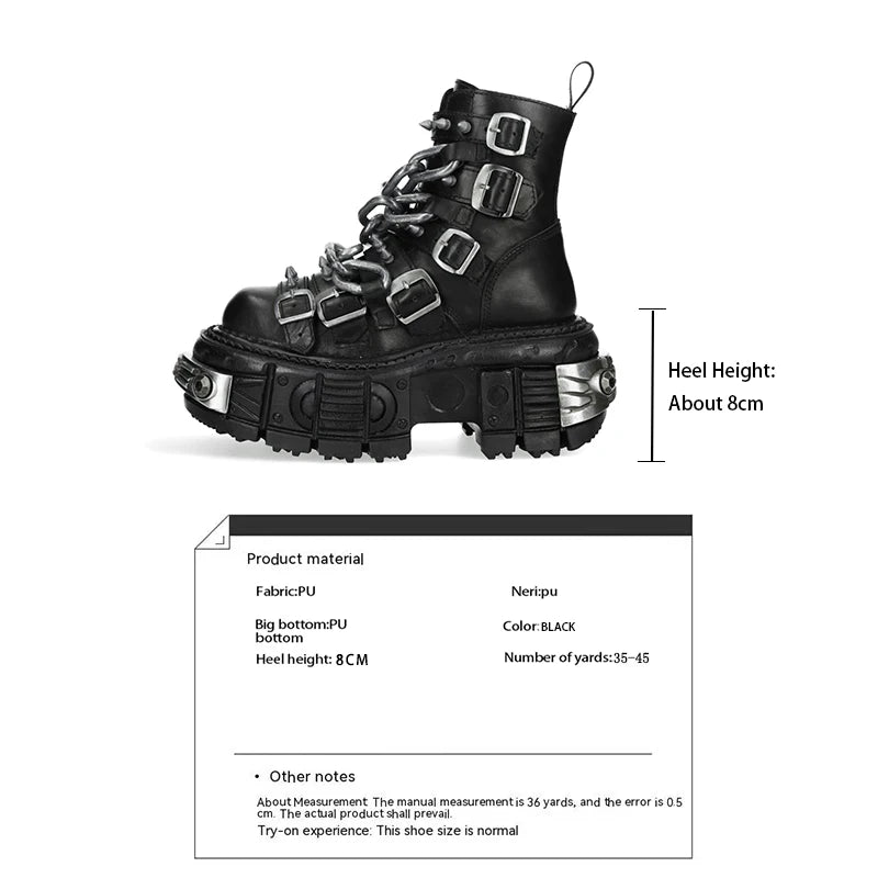 Gothic Platform Ankle Boots Spanish Rock Punk Chunky Heel Motorcycle Boots with Chains Streetwear Combat Boots for Men