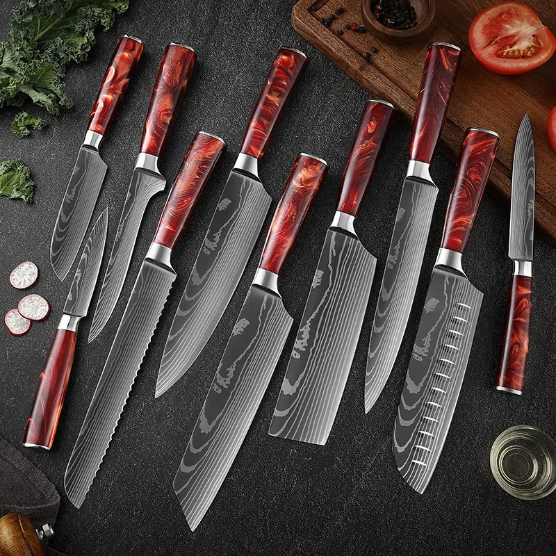 Japanese Santoku Knife 10pcs Damascus Pattern Knives Set Chef's Knife Boning Knife Meat Cleaver Vegetable Slicing Knives