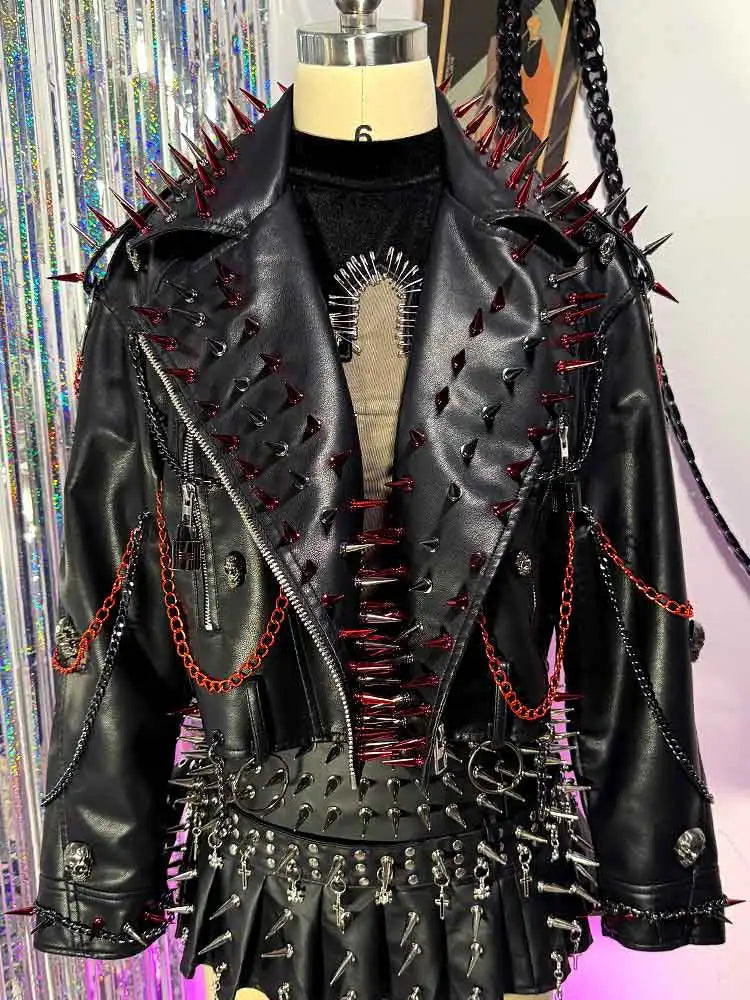 Women's Y2K Gothic Black PU Leather Jacket Spiked Boho Emo Punk Rock Grunge Rave Festival Coat with Spikes for Teens