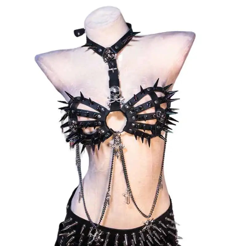 Goth Tops with Spikes Festival Bra Emo Clothing Summer Cyber Y2K T-shirt Punk Mini Rock Clothes Grunge Gothic Tank Rave Outfits
