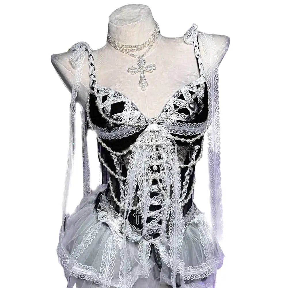 Red Gothic Dress for Women Y2K Rave Cyber Punk Rock Star Goth Cross Lace Scene Emo ALT Grunge E-Girls Lolita Ball Gown Clothing