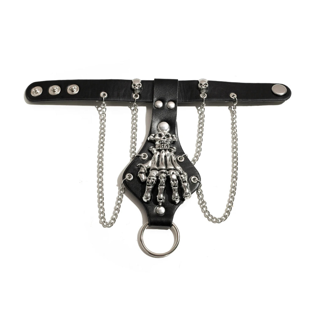 KunJoe Steampunk Skull Finger PU Leather Bracelet For Men Gothic Silver Color Link Chain Bracelets Bangles Rock Halloween