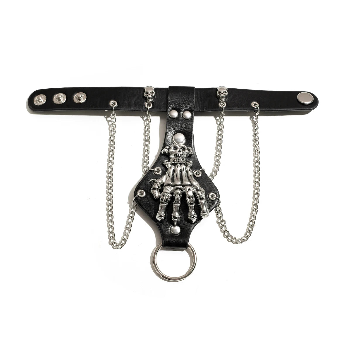 KunJoe Steampunk Skull Finger PU Leather Bracelet For Men Gothic Silver Color Link Chain Bracelets Bangles Rock Halloween