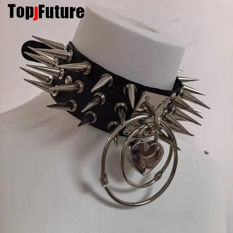 Women Men Spice Y2K Girl Harajuku Gothic Lolita Cosplay PU Punk Rivet Metal Necklace Streetwear Subculture Leather Choker