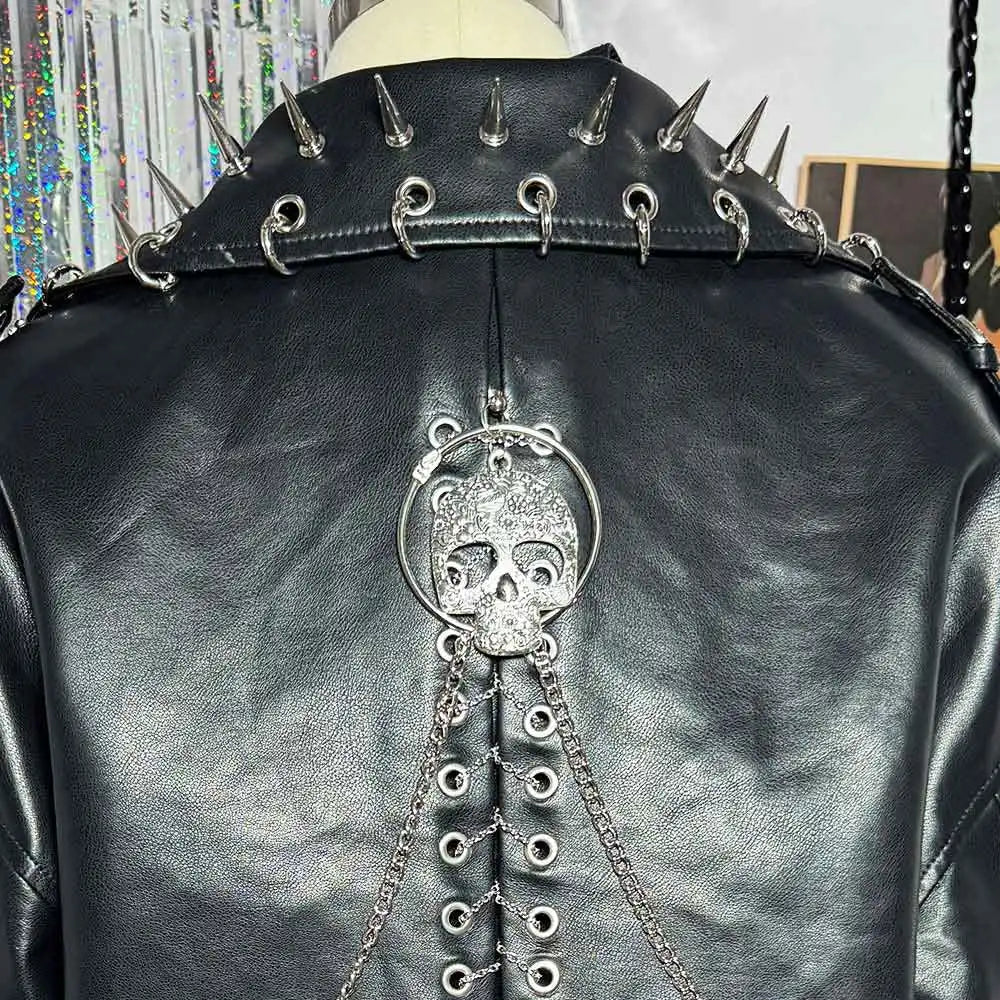 90s Gothic Y2K Vegan Leather Skull Studded Jacket Coat E-Girls DIY Punk Rock Chain Goth Hand Made Grunge Trendy Harajuku Eco Emo