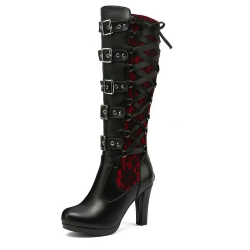 Punk Gothic Style Women's Knee High Boots Ladies Motorcycle Boots Comfort Long Tube Knight Boots Platform High Heels Women Shoes