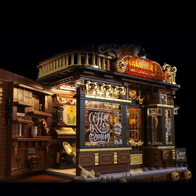 Steampunk Café Building Block Set, Double-Decker Openable Street Scene House Model, High-Difficulty Adult Assembly Toy and Desk