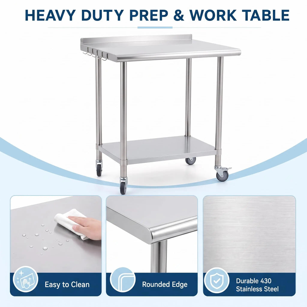 Heavy-Duty Stainless Steel Commercial Prep Table with Wheels – 30/36" Mobile Work Station with Adjustable Undershelf for Kitchen, Restaurant, Garage & Outdoor Use