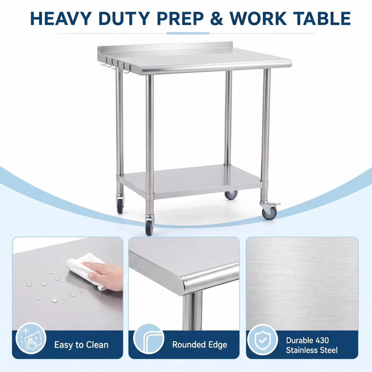 Heavy-Duty Stainless Steel Commercial Prep Table with Wheels – 30/36" Mobile Work Station with Adjustable Undershelf for Kitchen, Restaurant, Garage & Outdoor Use