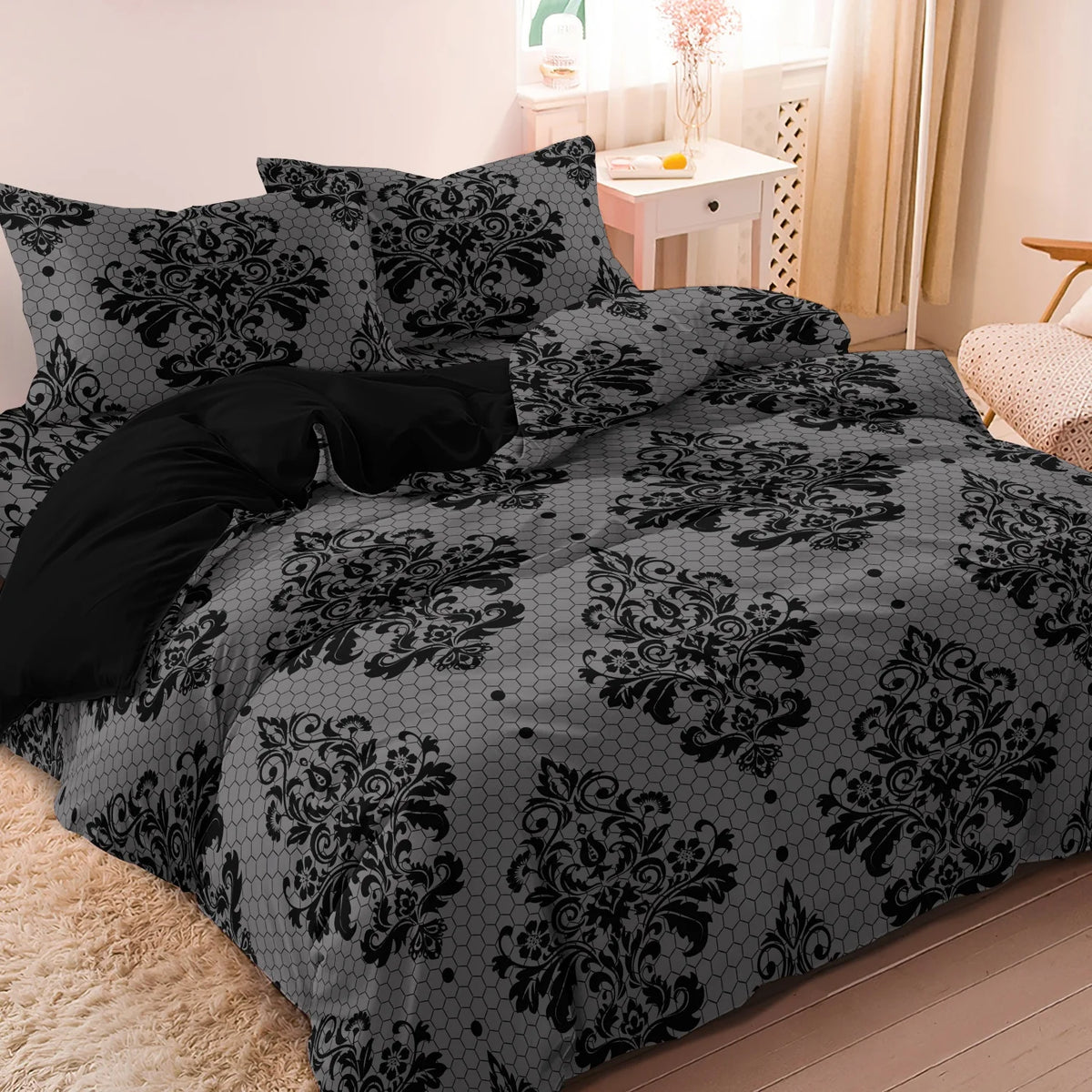 3pcs Gray Background Black Damascus Pattern Duvet Cover (Includes 1 Duvet Cover & 2 Pillowcases) Black Flower Honeycomb Pattern