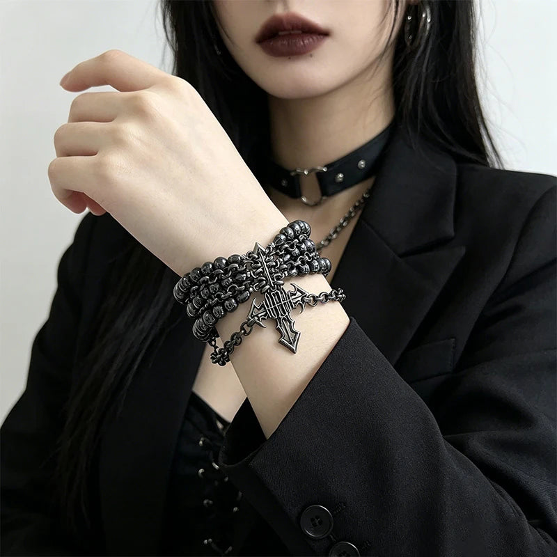 Copper Material Jewelry Accessories For Men Women Gothic Cross Multi-Layered Stacked Bracelet Dark Punk Beaded Chain Wristband S