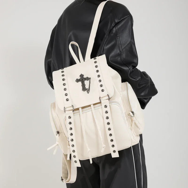 Rivet Y2K Backpack Women Gothic Punk PU Leather Shoulder Bag Ladies Vintage Harajuku Backpacks College Large Capacity School Bag