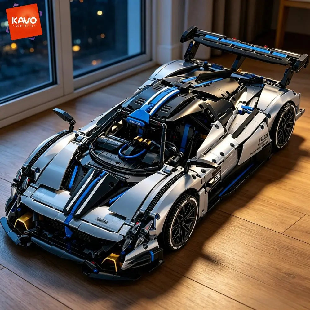 KAVOWORLD 3526pcs Silver Blue Super Sports Car Building Blocks Set 1:8 MOC DIY Assembly Race Car Model Brick STEM Construction Toy Home Decor Ornament Vehicle Display Mechanical Simulation Racing Brick Car Birthday Christmas