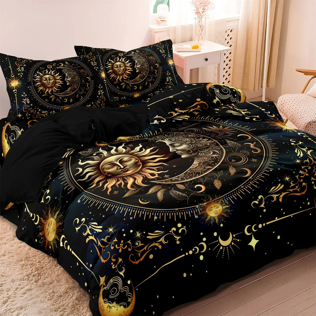 3pcs Super Soft Breathable Golden Sun And Moon Planet Duvet Cover Set At Home Dormitory High Definition Numerical Code Printing