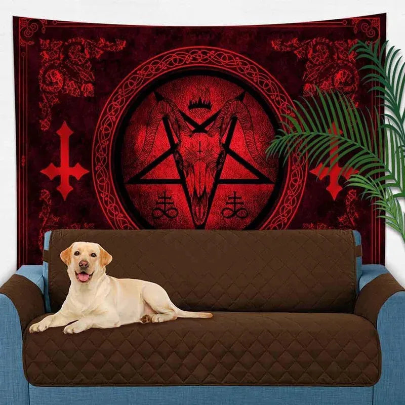 VIKAMA Baphomet Goat Head Tapestry, suitable for altar decoration. Ideal for living room or mystical bar decor.