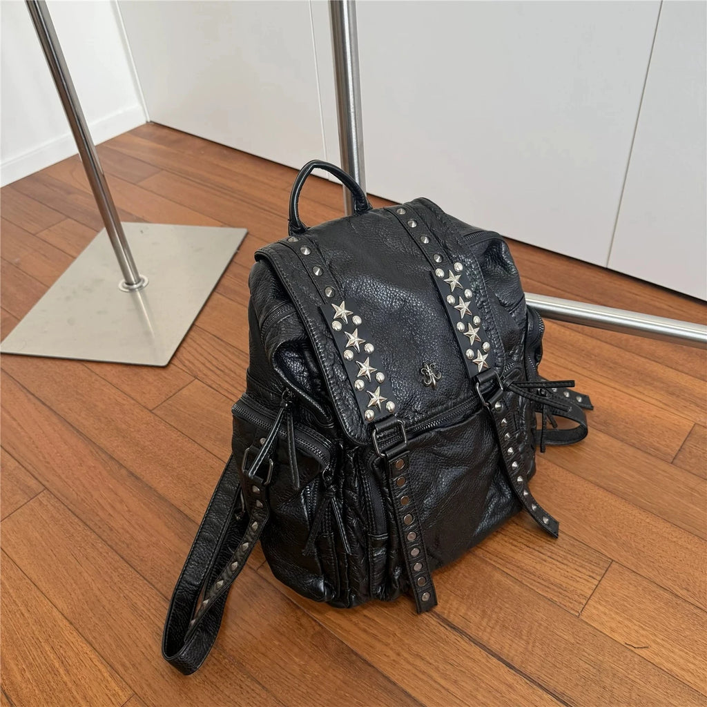 Black Punk Style Backpack Cross Rivet Backpack Unique Retro Goth Backpacks Large Capacity Commuter Bag