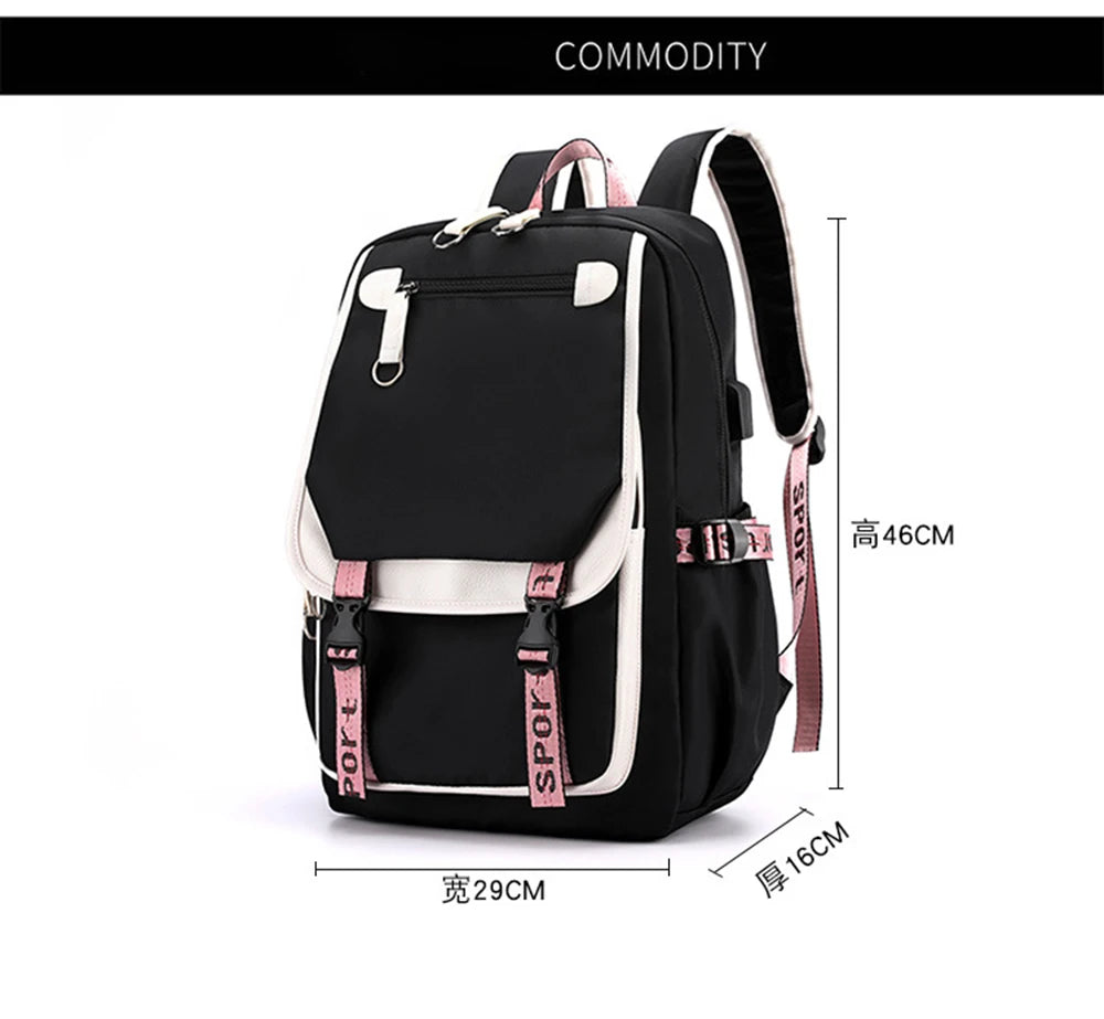 Teenager School Backpack for Students Daily Bagpack Backpacks for Girl Black Cat Cartoon School Bag with Pen Lunch Bags 3pcs/set
