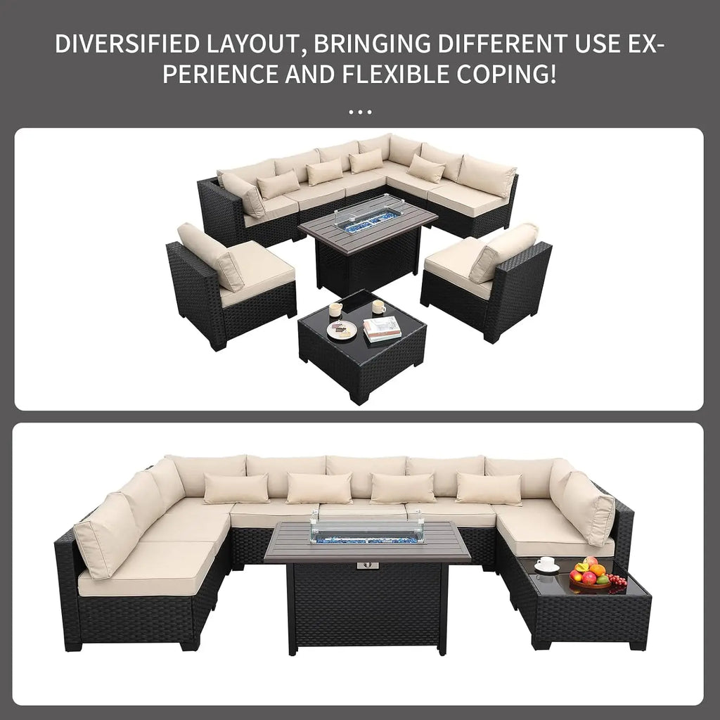 10 Pieces Outdoor Sectional All-Weather Wicker Patio Furniture Set Patio Sectional and Steel Fire Table and Glass, Customized
