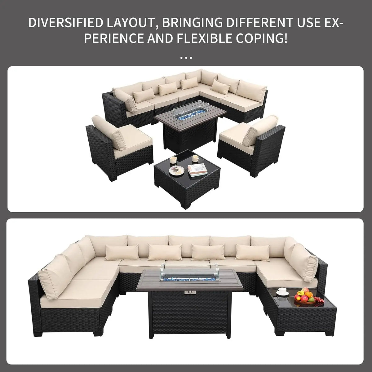 10 Pieces Outdoor Sectional All-Weather Wicker Patio Furniture Set Patio Sectional and Steel Fire Table and Glass, Customized
