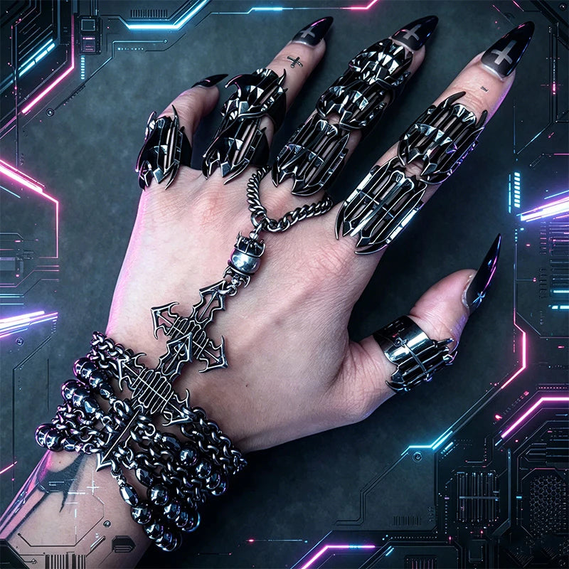 Copper Material Jewelry Accessories For Men Women Gothic Cross Multi-Layered Stacked Bracelet Dark Punk Beaded Chain Wristband S