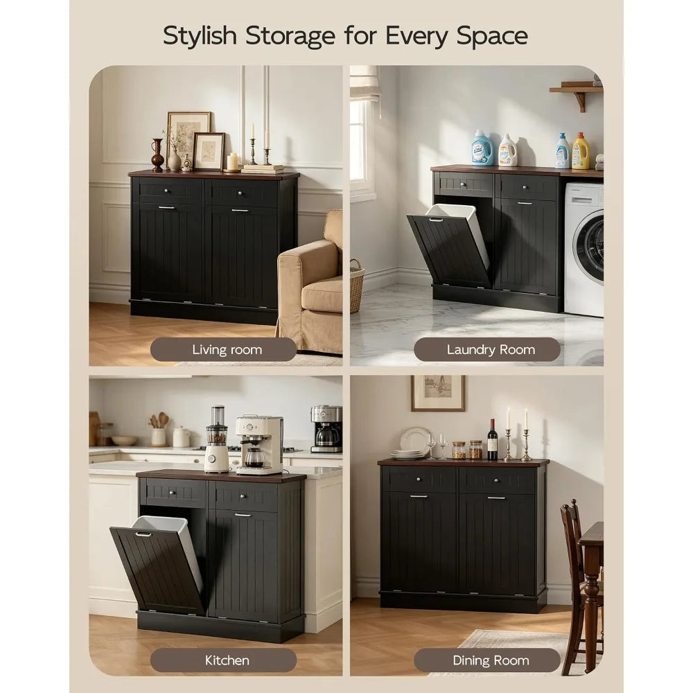 Betterhood Tilt Out Trash Cabinet with Outlet & USB, 2 Drawers, Wooden Laundry Hamper, Black