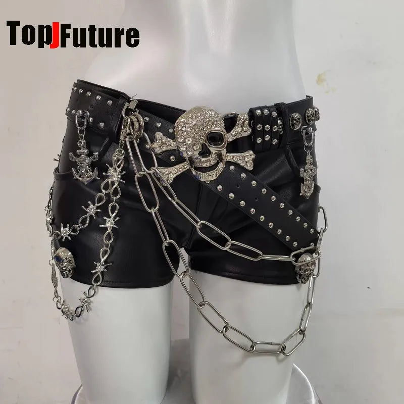 Y2K Spicy Girl Gothic Dark Punk Subculture PU Leather Shorts With Skull Chain Rivet Decor Niche Alternative Fashion Streetwear