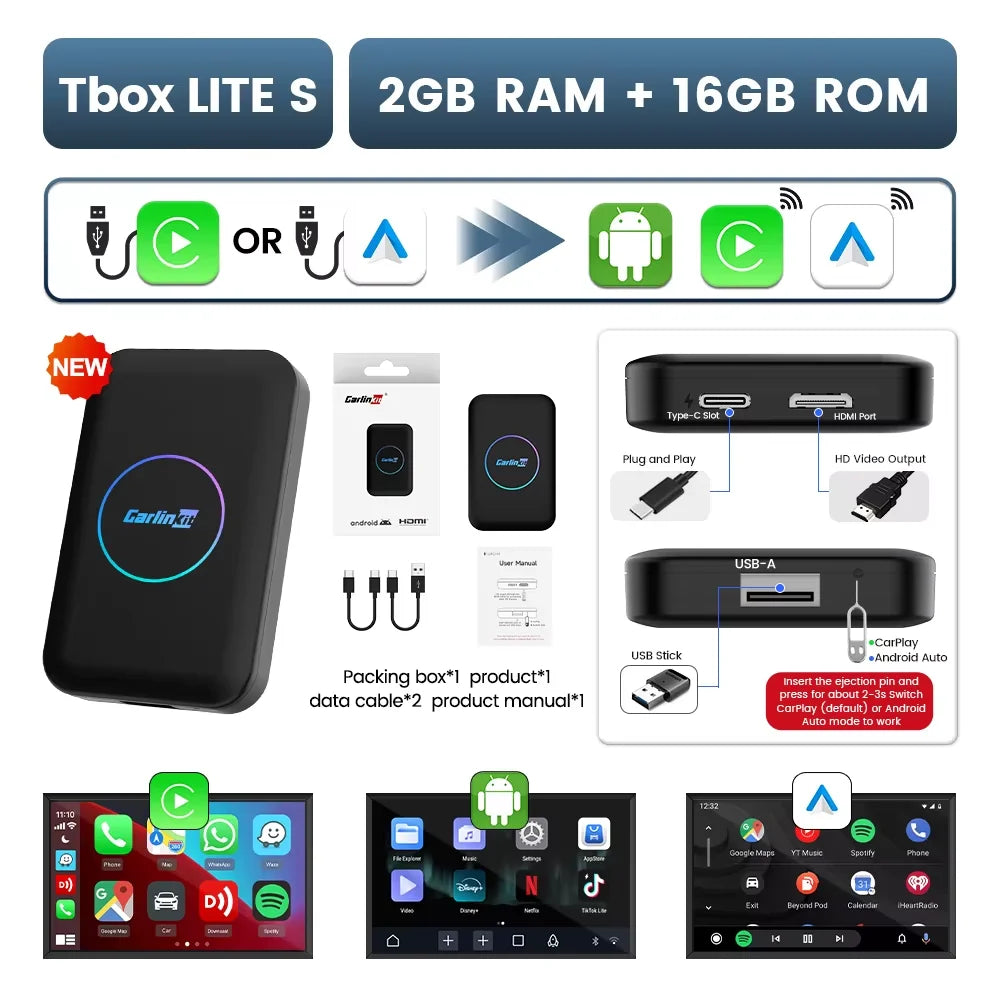 2026 CarlinKit Android TV Box LITE CarPlay Android Auto Wireless USB Adatper Support Netfilx Youtube Spotify For Car Multimedia